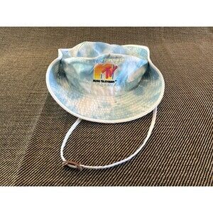 MTV Blue/White Tie Dye Wide Brim Sun Hat with Chin Strap and Snap Up Sides